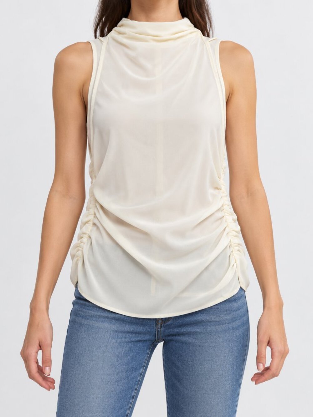 WAYF Ivory Sleeveless Mock Neck Ruched Top XS NWT